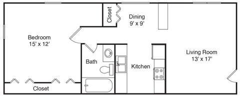 Floor plan for 1 bed, 1 bath, 694 sqft